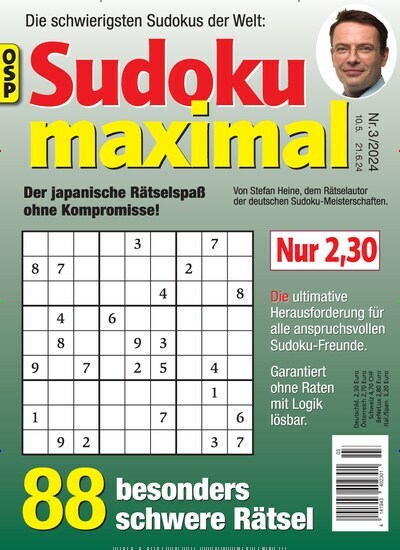 Titelbild der Ausgabe 3/2024 von Sudoku Maximal. Diese Zeitschrift und viele weitere Groschenromane und Rätselhefte als Abo oder epaper bei United Kiosk online kaufen.